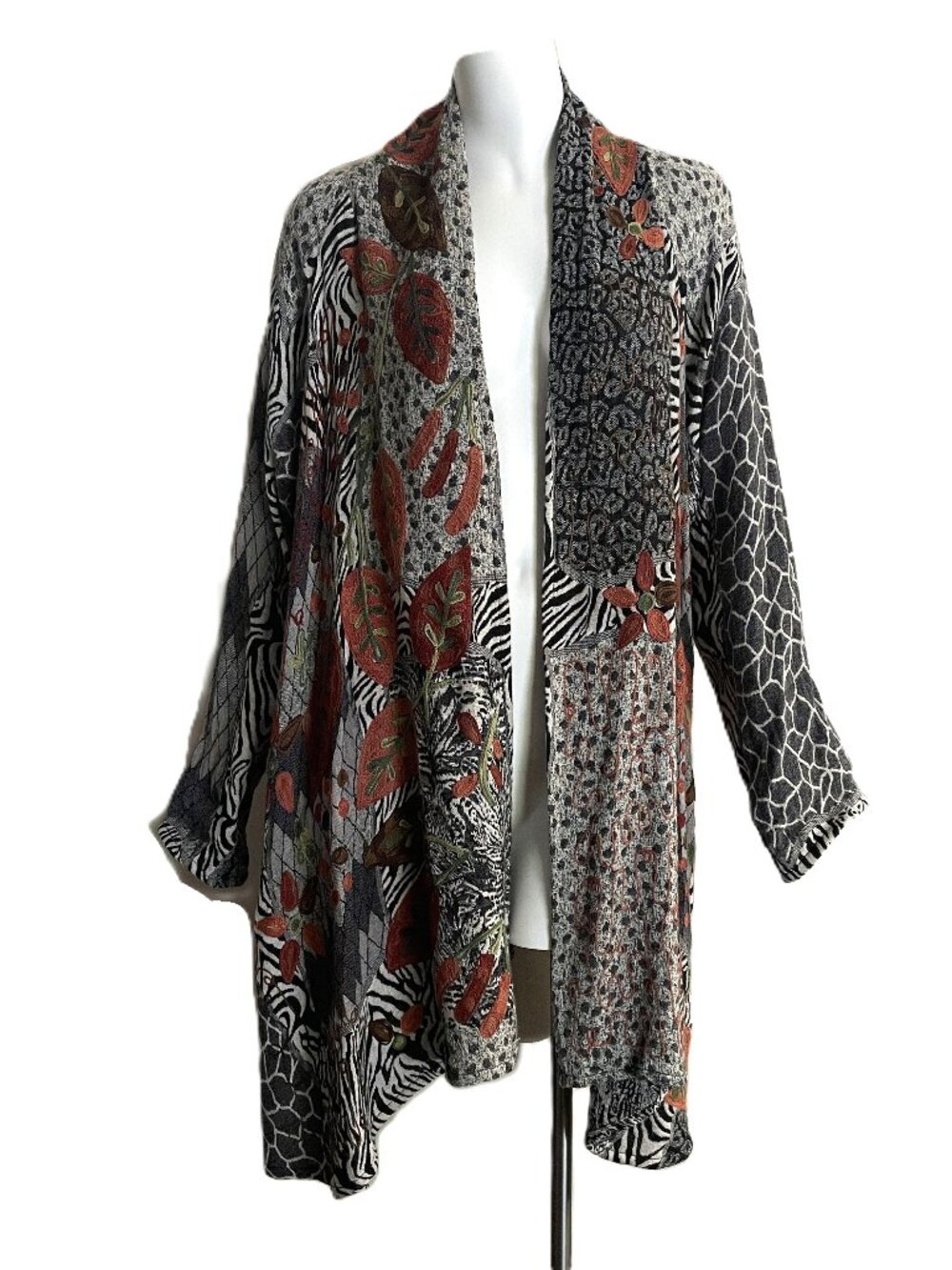 Soft Surroundings Open Front Duster Jacket Sz L XL Wool Mix Embroidered Leaves